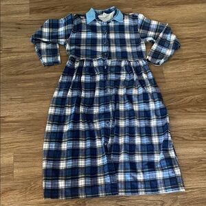 VTG 90’s cotton plaid babydoll midi button down dress. Denim collar Sz S grunge
